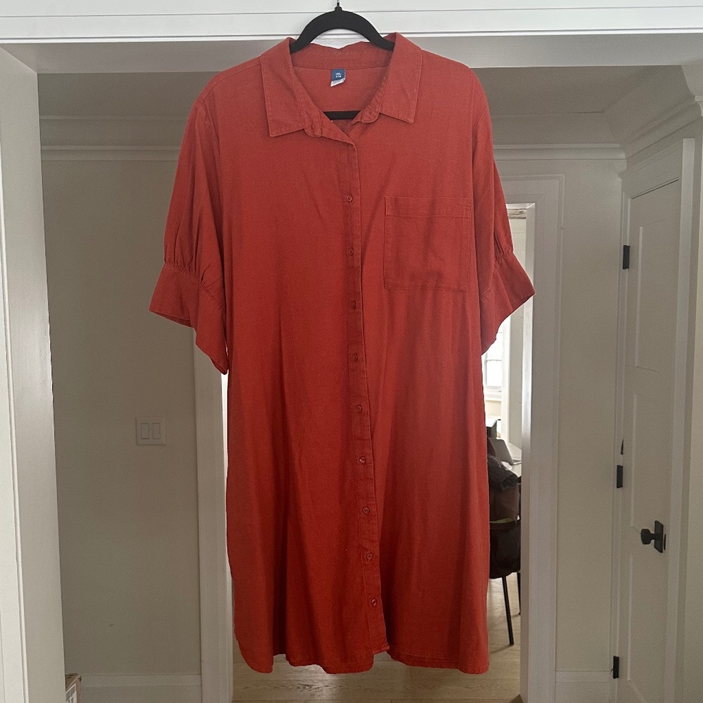 OLD NAVY - Burnt Red Linen Blend Short Sleeved Shirt Dress / Tunic